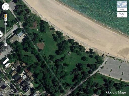 Historical aerial context showing South Shore Drive beside Rainbow Beach Park