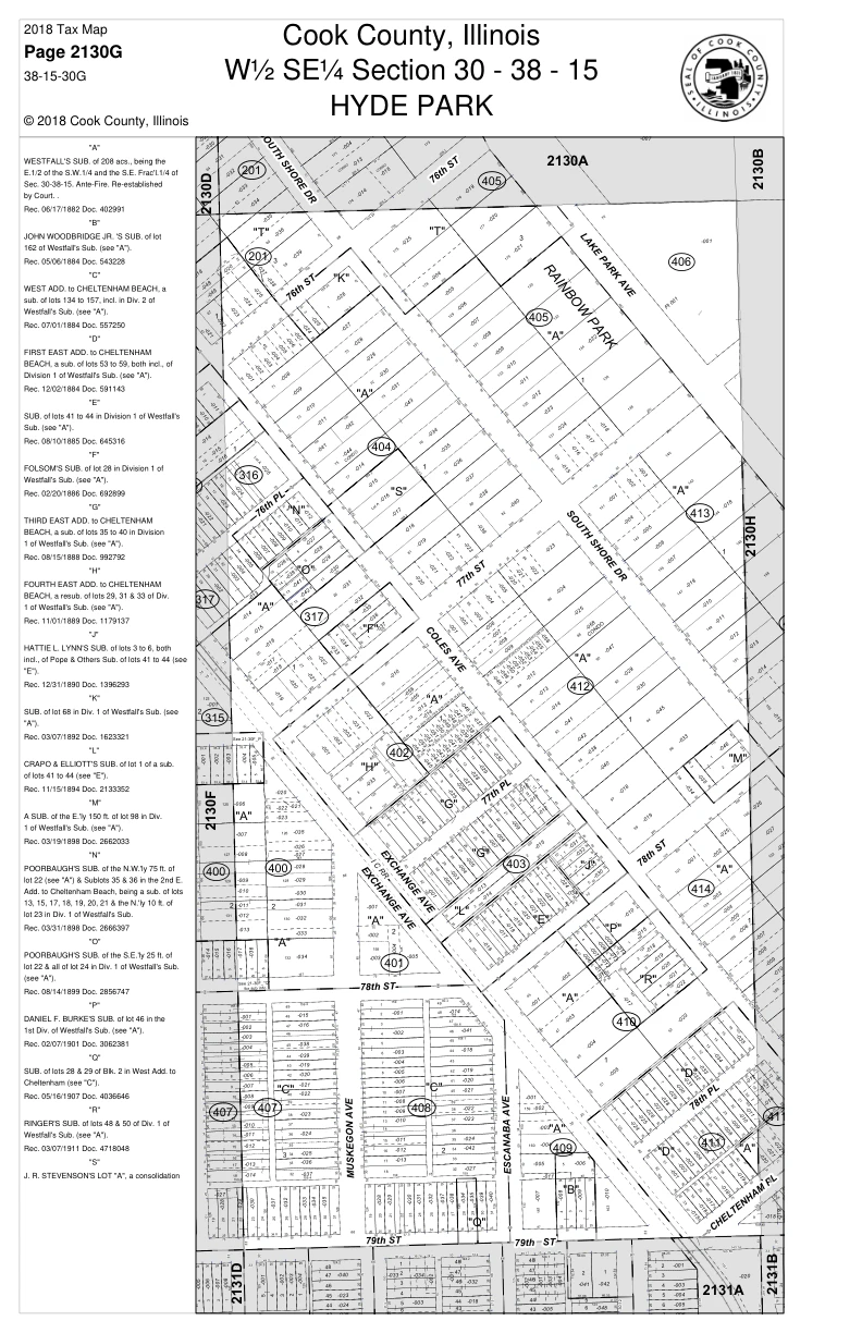 Cook County historical assessment map covering South Shore Drive and Rainbow Park