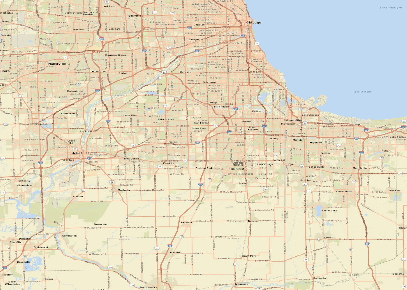 Named communities around Monee, including Peotone, Frankfort, Matteson, University Park, Joliet and Chicago