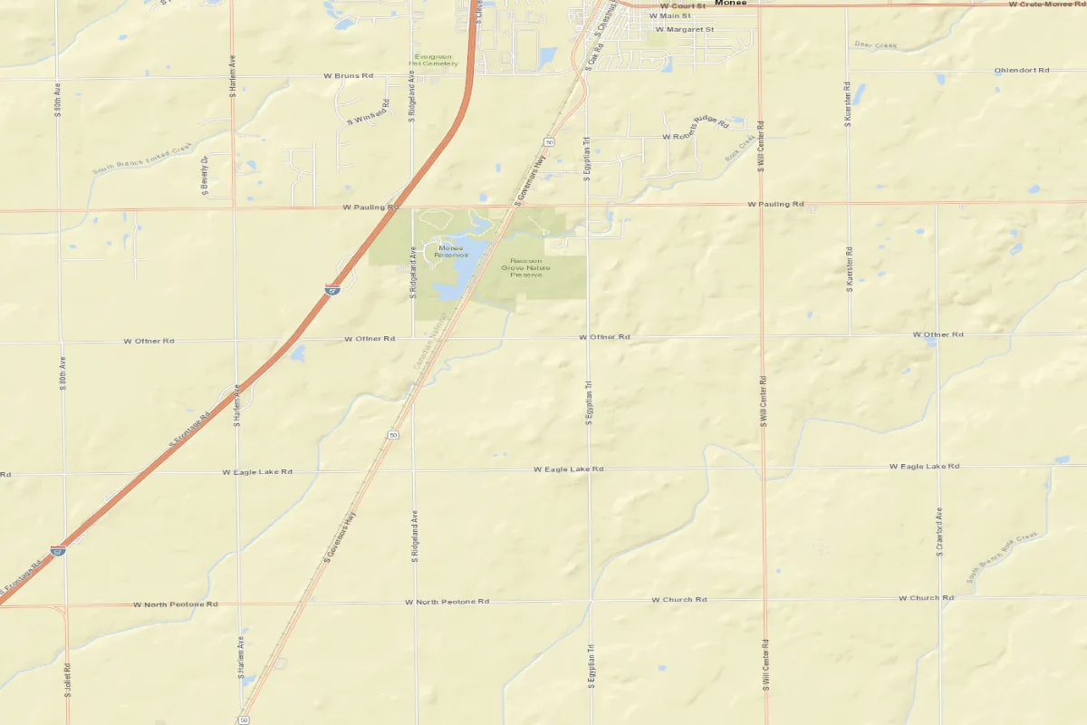 Monee and surrounding roads road map centered on the Monee offering