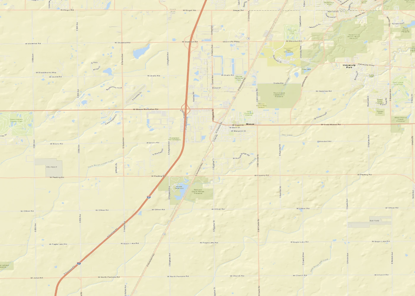 Road map locating the offering south of Monee and three mapped substations to the north